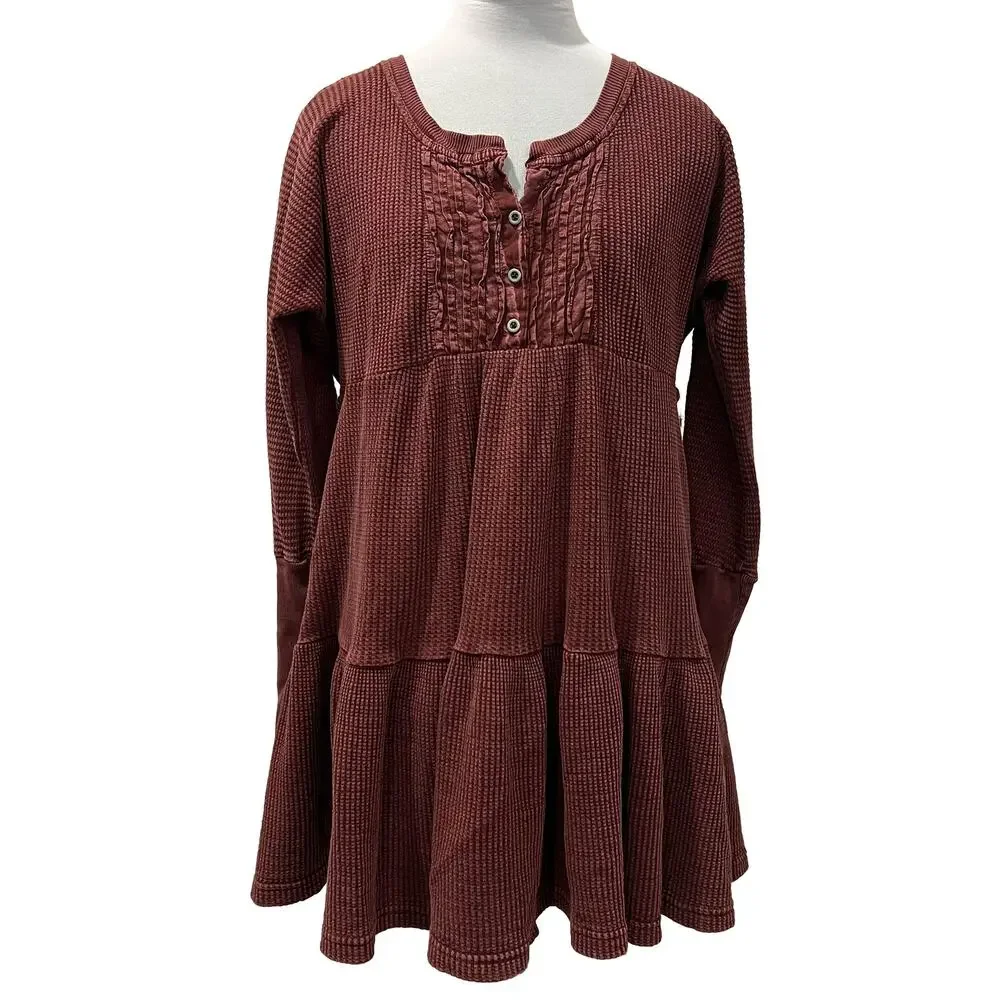 Free People FP ONE Jolene Waffle Knit Thermal Henley Tiered Mini Dress Wine S